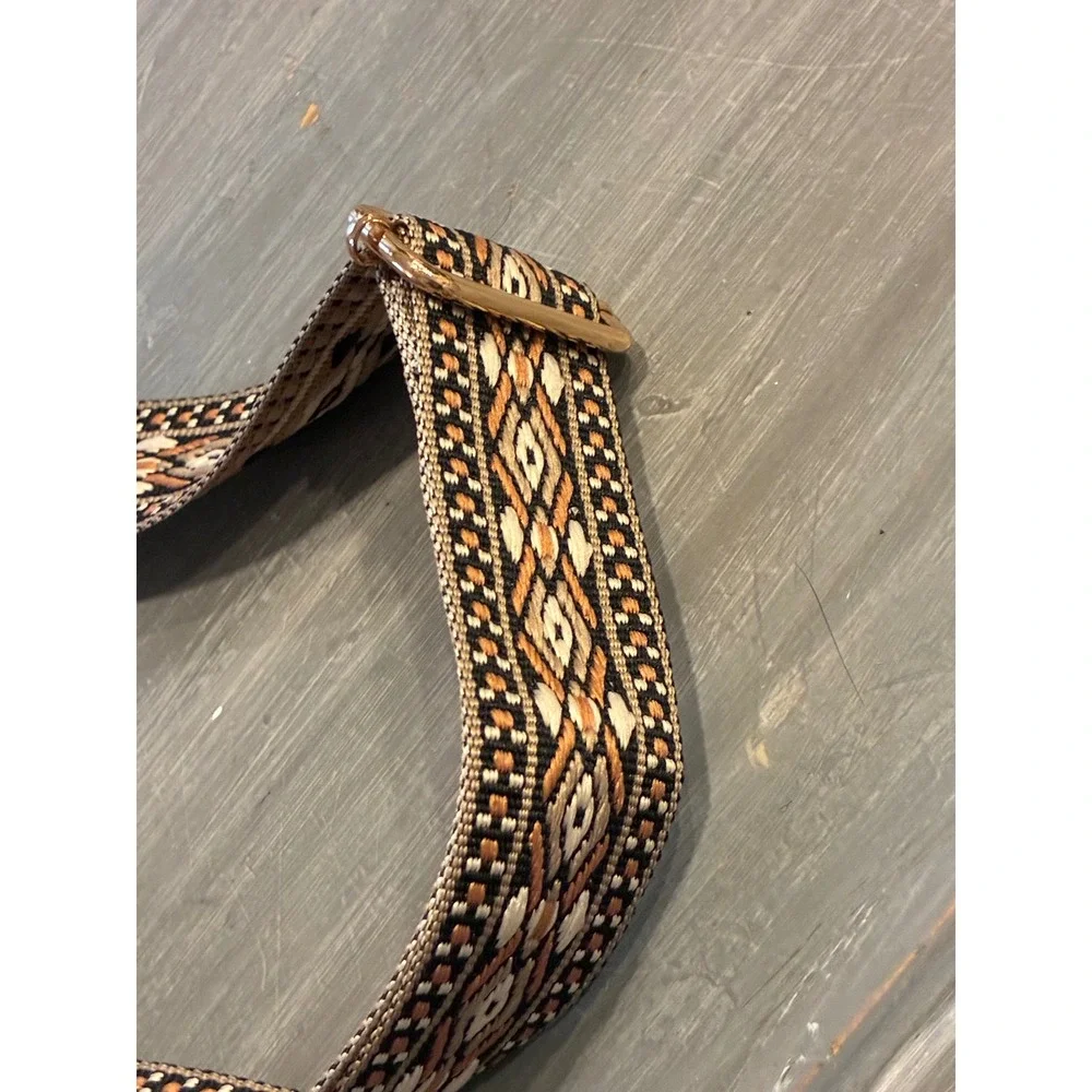 Cognac Faux Leather Sling Bag Studded Crossbody with Woven Guitar Strap